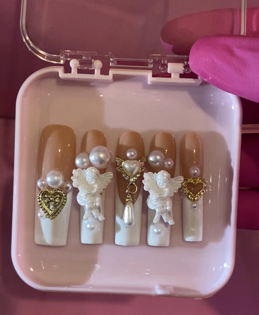 Long French Tip Angel Nail Set